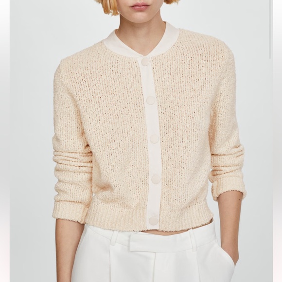 Mango CONTRAST EDGE CARDIGAN Cream Textured Knit Sweater Size Large Ecru Beige - Picture 1 of 12